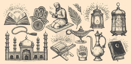 Illustration for Islam set of sketches. Quran book, Muslim mosque, ritual prayer Namaz. Religion concept vintage vector illustration - Royalty Free Image