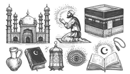 Islam concept. Religious tradition. Muslim culture set of sketches in vintage engraving style. Vector illustration