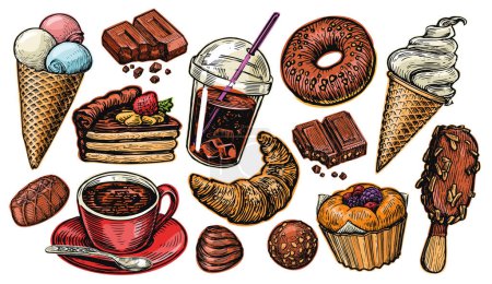 Ilustración de Conjunto de postres dulces. Colección de comida y bebida para menú de restaurante o cafetería. Ilustración del vector de color - Imagen libre de derechos
