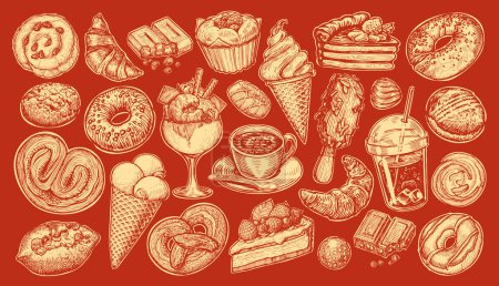 Ilustración de Conjunto de postres dulces. Colección de comida y bebida para menú de restaurante o cafetería. Ilustración retro vectorial dibujada a mano - Imagen libre de derechos