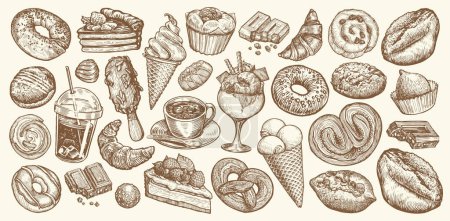 Ilustración de Conjunto de bocetos de comida y bebida para café o menú de restaurante. Colección dibujada a mano postres dulces. Ilustración de vector Vintage - Imagen libre de derechos