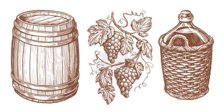 Croquis à boire au vin. Corps en bois, vigne, bouteille dans un panier en osier, vigne. Concept de cave. Illustration vectorielle vintage