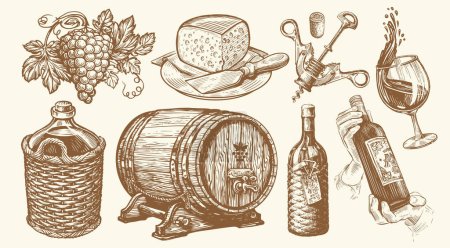 Ilustración de Conjunto vintage concepto vino. Botella, vino, vid, barril, sacacorchos, racimos de uvas, queso. Bosquejo de bodega - Imagen libre de derechos