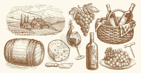 Illustration for Vineyard, wooden cask, glass and bottle of wine, bunch grapes, corkscrew, piece of cheese vintage sketch. Winery set - Royalty Free Image