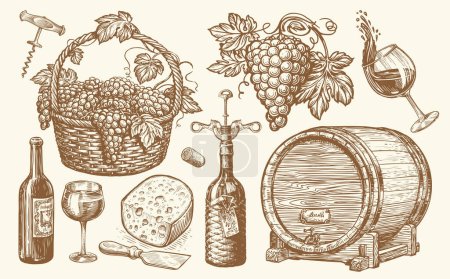 Ilustración de Esbozo de viticultura. Concepto de bebida. Barrica, vino, botella, canasta de uvas, queso. Ilustración vectorial - Imagen libre de derechos
