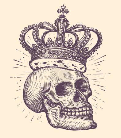 Ilustración de Calavera humana con corona de rey. Bosquejo dibujado a mano en estilo grabado vintage. Ilustración del vector tatuaje - Imagen libre de derechos