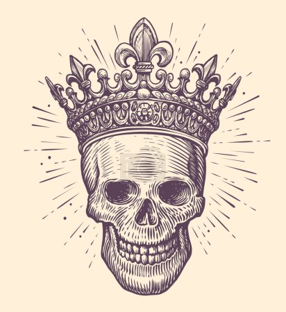 Téléchargez les illustrations : Crâne humain avec couronne royale. Esquisse dessinée à la main dans un style de gravure vintage. Illustration vectorielle tatouage dessinée à la main - en licence libre de droit