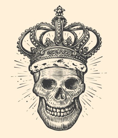Téléchargez les illustrations : Crâne humain avec couronne royale. Esquisse dessinée à la main dans un style de gravure vintage. Illustration vectorielle tatouage - en licence libre de droit