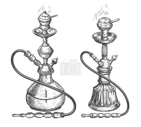 Ilustración de Conjunto de narguile fumador. Ilustración vectorial dibujada a mano en estilo grabado vintage - Imagen libre de derechos