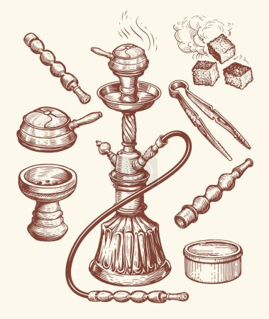 Ilustración de Shisha y bosquejo de accesorios. Hookah, kaloud, pinzas, carbón, tabaco. Ilustración de vector vintage dibujado a mano - Imagen libre de derechos