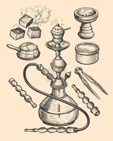 Ilustración de Hookah y bosquejo de accesorios. Shisha, tabaco, pinzas, carbón. Ilustración de vector vintage dibujado a mano - Imagen libre de derechos