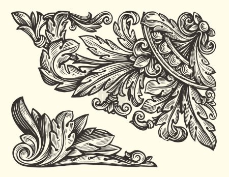 Illustration for Decorative floral design elements. Ornate swirling floral motif. Pattern vector illustration in vintage engraving style - Royalty Free Image