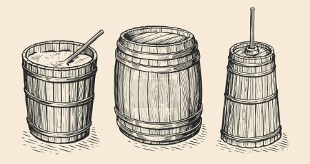 Wooden storage barrel, churn, bucket in sketch style. Farm production set. Hand drawn vintage vector illustration