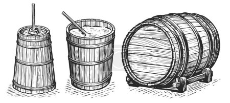 Ilustración de Mantequilla de madera batido, cubo, barril en estilo grabado vintage. Concepto de producción agrícola de productos lácteos. Dibujo vector - Imagen libre de derechos