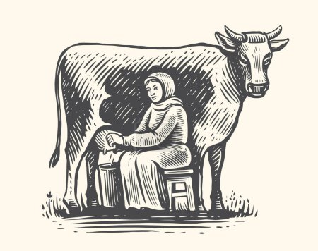 Ilustración de Lechera ordeñando vaca en el campo. Bosquejo de concepto de granja lechera. Producción de alimentos y bebidas ecológicas a base de leche natural - Imagen libre de derechos