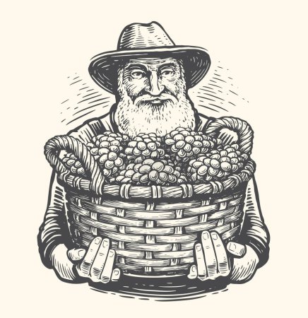 Landwirt mit einem Korb mit Trauben, die im Stich-Stil gezeichnet wurden. Weinbau, Weinbergsskizze. Vektorillustration