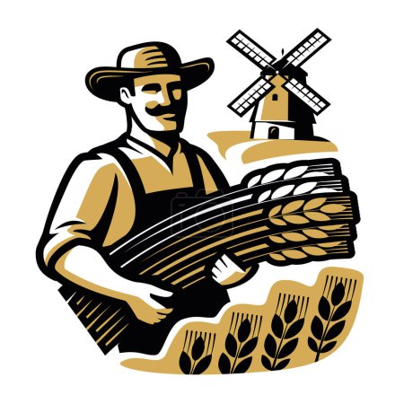 Ilustración de Granjero sosteniendo racimo de trigo. Logo de harina de pan. Agricultura, emblema de los alimentos orgánicos de granja. Elemento de diseño para panadería - Imagen libre de derechos