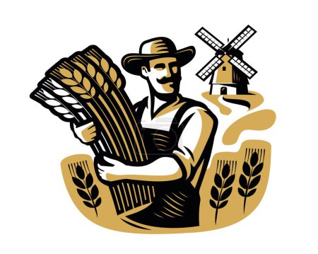 Ilustración de Granjero mayor con trigo y campos agrícolas, molino de viento. Alimentos orgánicos de granja, concepto de panadería. Ilustración vectorial - Imagen libre de derechos