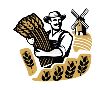 Ilustración de Agricultor con trigo y campos agrícolas, molino de viento. Alimentos orgánicos de granja, concepto de panadería. Emblema de ilustración vectorial - Imagen libre de derechos