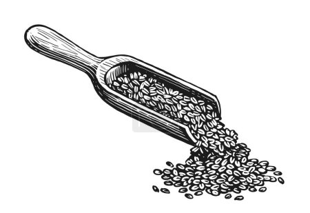 Illustration for Wheat grain wooden scoop sketch. Farm organic food, bread baking, bakery concept. Vintage vector illustration - Royalty Free Image