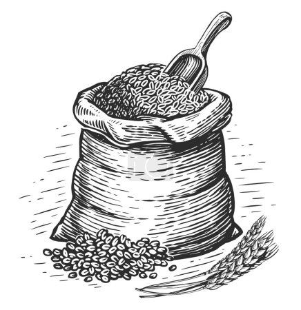 Illustration for Sack full of wheat grains, sketch. Farm organic food, bread baking, bakery concept. Vintage vector illustration - Royalty Free Image