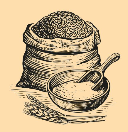 Illustration for Sack or burlap bag, wholemeal bread flour, barley grains, wooden scoop and ears of wheat. Farm food vintage sketch - Royalty Free Image