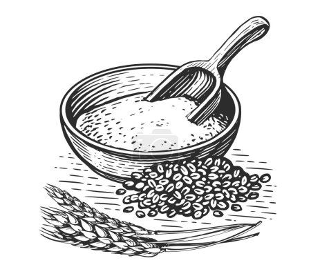 Téléchargez les illustrations : Farine dans un bol, grains de blé, cuillère en bois et épis de blé. Nourriture saine. Illustration vectorielle vintage dans le style croquis - en licence libre de droit