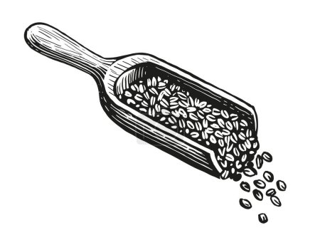 Ilustración de Granos de café en una cucharada de madera, estilo boceto. Preparación de una bebida fresca y vigorizante con cafeína. Vector Vintage - Imagen libre de derechos