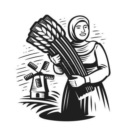 Illustration for Girl or young woman farmer, wheat field, windmill emblem. Agriculture, harvest logo. Healthy organic natural farm food - Royalty Free Image
