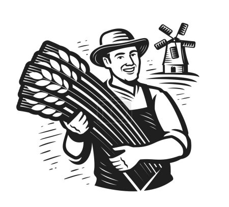 Illustration for Farmer, wheat field, windmill logo. Agriculture, harvest emblem. Healthy organic natural farm food. Vector illustration - Royalty Free Image