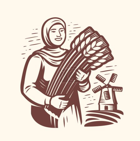 Ilustración de Niña o joven agricultora, molino de viento, emblema de campo de trigo. Agricultura, logotipo de la cosecha. Alimento orgánico sano de granja natural - Imagen libre de derechos