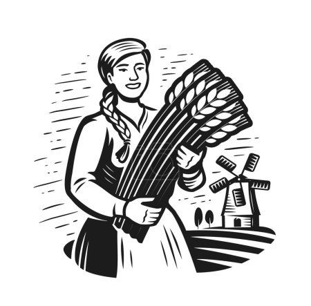 Ilustración de Niña o joven agricultora sosteniendo un manojo de espigas de trigo. Agricultura, emblema del molino de viento. Alimento ecológico saludable de granja - Imagen libre de derechos