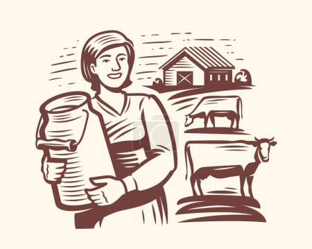 Ilustración de Joven lechera o agricultor de pie con lata de leche, cerca de vacas de pastoreo y establo. Emblema de la granja lechera. Ilustración vectorial - Imagen libre de derechos