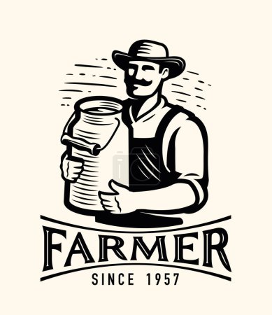 Foto de Agricultor con lata de leche, emblema o logotipo. Insignia de granja lechera. Alimento natural orgánico saludable. Ilustración de vector Vintage - Imagen libre de derechos