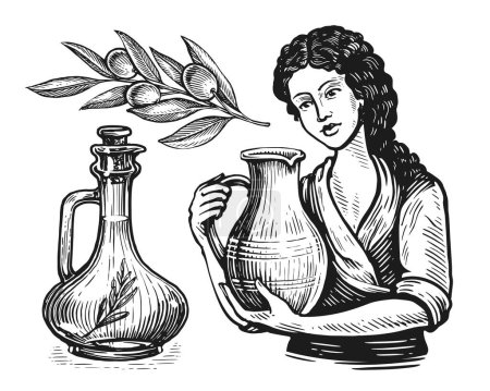 Ilustración de Concepto de aceite de oliva. Alimento orgánico saludable de granja natural. Ilustración vectorial dibujada a mano en estilo grabado vintage - Imagen libre de derechos