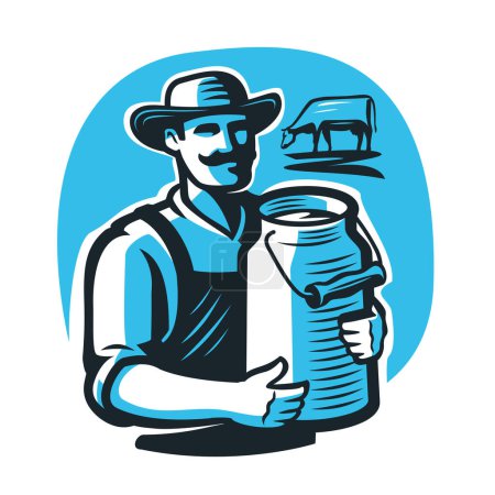 Illustration for Farmer with milk can, emblem. Dairy farm, milkman, dairyman logo. Healthy organic natural food. Vector illustration - Royalty Free Image