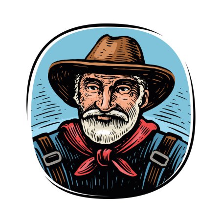 Ilustración de Retrato de un granjero con sombrero, logotipo. Agricultura, emblema de la granja. Ilustración del vector de color - Imagen libre de derechos