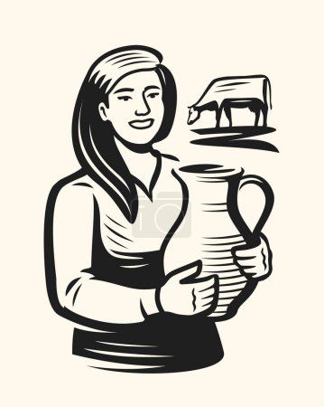 Illustration for Happy milkmaid holding jug of fresh milk, near grazing cow. Dairy farm, creamery emblem or logo. Food and drink concept - Royalty Free Image