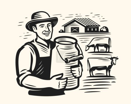 Illustration for Happy farmer holding can of milk, near grazing cows and cowshed. Dairy, farm food and drink emblem. Vector illustration - Royalty Free Image