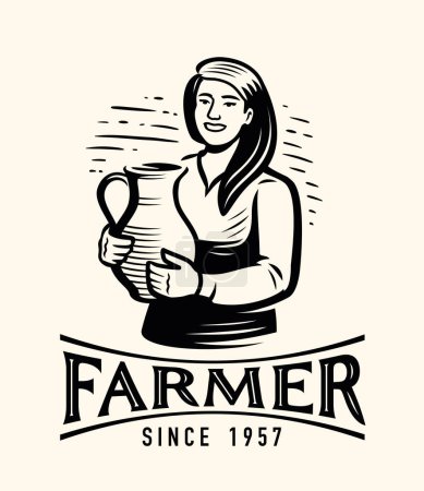 Ilustración de Happy young woman farmer or milkmaid with jug of fresh milk. Dairy, farm food and drink emblem. Vector illustration - Imagen libre de derechos