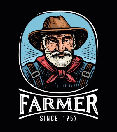 Ilustración de Male farmer portrait in hat, emblem vector. Man agricultural worker, local market, organic food brand or badge - Imagen libre de derechos