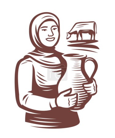 Illustration for Milkmaid holding jug of fresh milk, near grazing cow. Creamery, dairy farm emblem or logo. Food and drink concept vector - Royalty Free Image