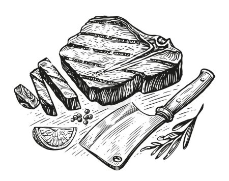 Téléchargez les illustrations : Grilled sliced beef veal steak and butcher meat cleaver. Cooking food concept. Sketch hand drawn vector illustration - en licence libre de droit