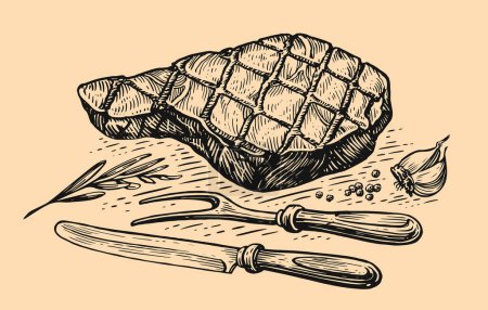 Téléchargez les illustrations : Grilled beef veal steak with knife and fork. Cooking food concept. Hand drawn sketch vintage vector illustration - en licence libre de droit