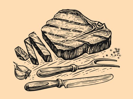 Téléchargez les illustrations : Grilled beef veal steak, knife and fork. Cooking food, barbecue, grill meat concept. Hand drawn vintage sketch vector - en licence libre de droit