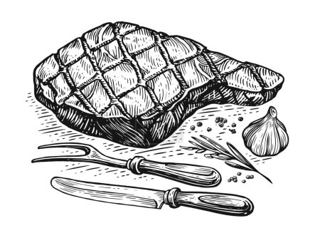 Téléchargez les illustrations : Hand drawn beef veal steak grilled. Roast meat, grill food, barbecue sketch. Engraved vintage vector illustration - en licence libre de droit