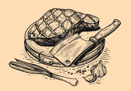 Téléchargez les illustrations : Grilled beef steak tenderloin and butcher knife on wooden cutting board. Grill food, engraved sketch vector illustration - en licence libre de droit