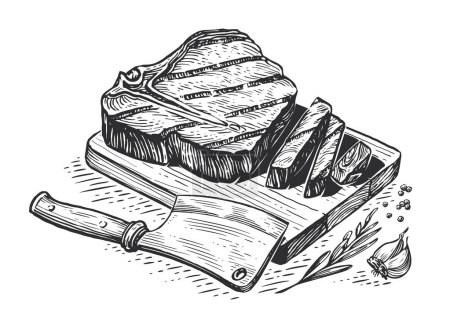 Illustration for Grilled beef steak tenderloin and knife cleaver on wooden cutting board. Grill food, engraved sketch vector illustration - Royalty Free Image