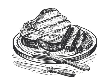 Téléchargez les illustrations : Grilled beef steak tenderloin with knife and fork on wooden cutting board. Grill food, engraved sketch vector - en licence libre de droit