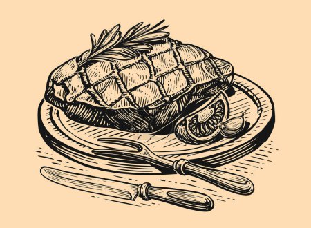 Téléchargez les illustrations : Beef veal steak grilled. Barbecue, roast meat, grill food sketch. Hand drawn engraved vintage vector illustration - en licence libre de droit